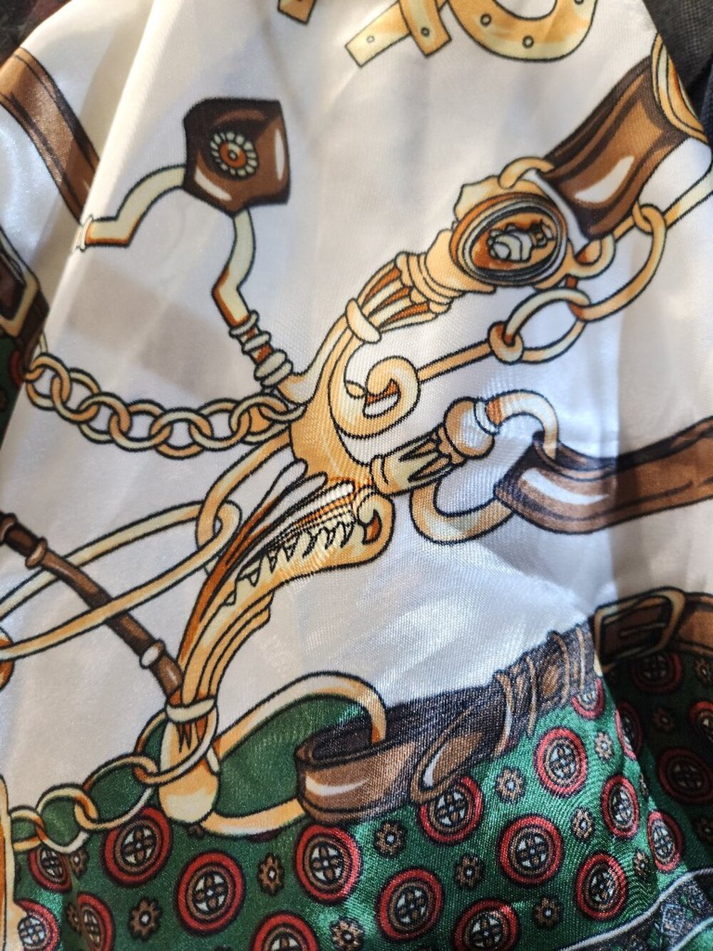 GREEN White Red Gold & Brown Poly-Silk 36” Square EQUESTRIAN SCARF  by ORNAMENTS